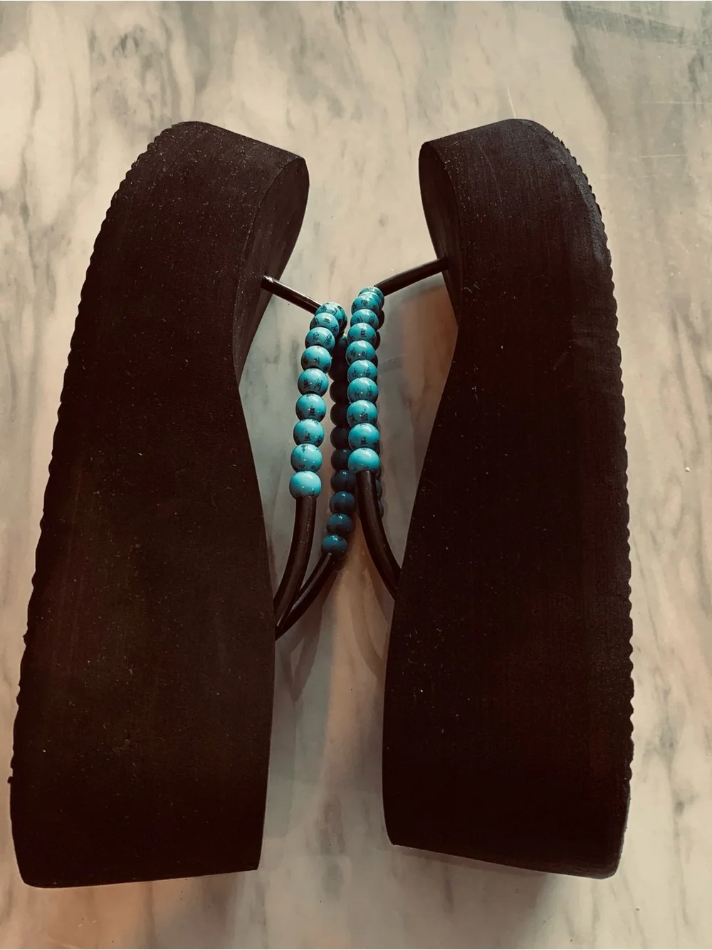 Esprit Black Platform Flip Flops with Turquoise Beaded Straps